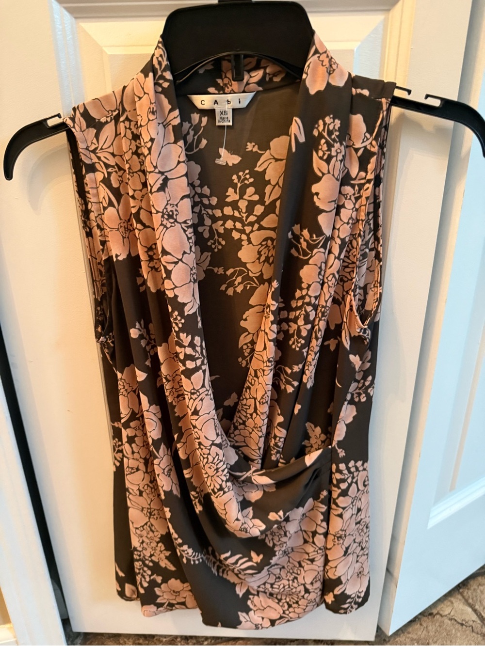 CAbi Floral Draped Sleeveless Top - Pink on Black